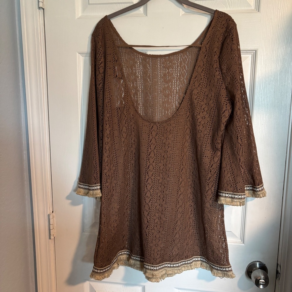 NWT Origami by Vivien Brown Boho Crochet Knit Fringe Tunic or Swim Cover Up XL - Picture 3 of 12
